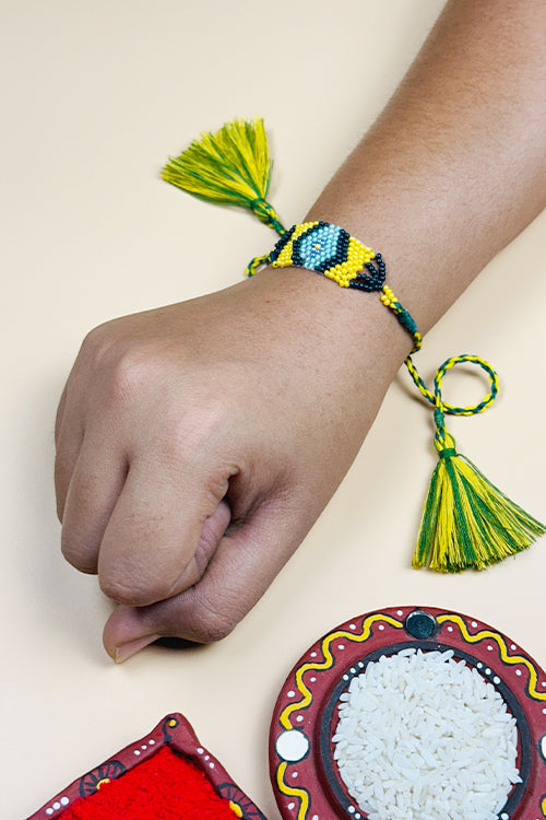 Antarang (Set Of 2) Saurastra Beadwork Rakhi, 100% Cotton, Bhai Rakhi.  Green -Yelllow. Made By Divyang Rural Women