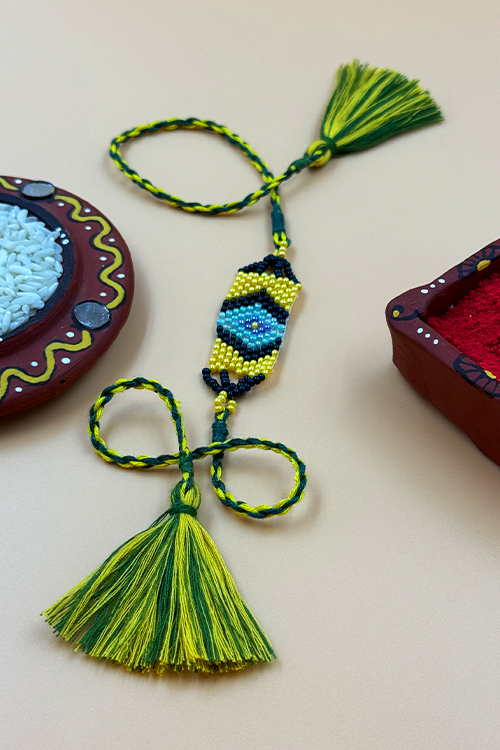 Antarang (Set Of 2) Saurastra Beadwork Rakhi, 100% Cotton, Bhai Rakhi.  Green -Yelllow. Made By Divyang Rural Women