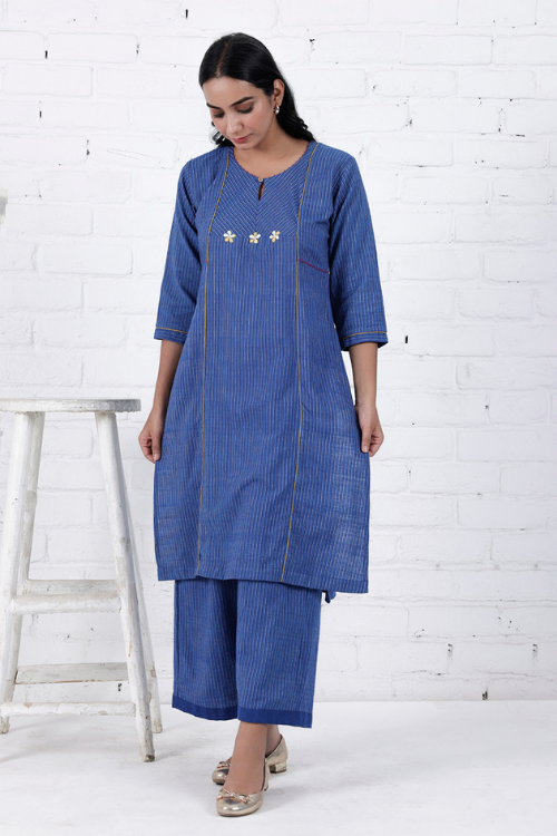 Bebaak Neera Blue Hand Embroidered & Handwoven Kurta Set