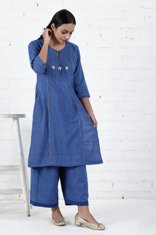 Bebaak Neera Blue Hand Embroidered & Handwoven Kurta Set