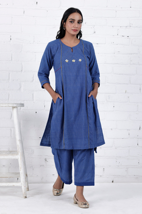 Bebaak Neera Blue Hand Embroidered & Handwoven Kurta Set