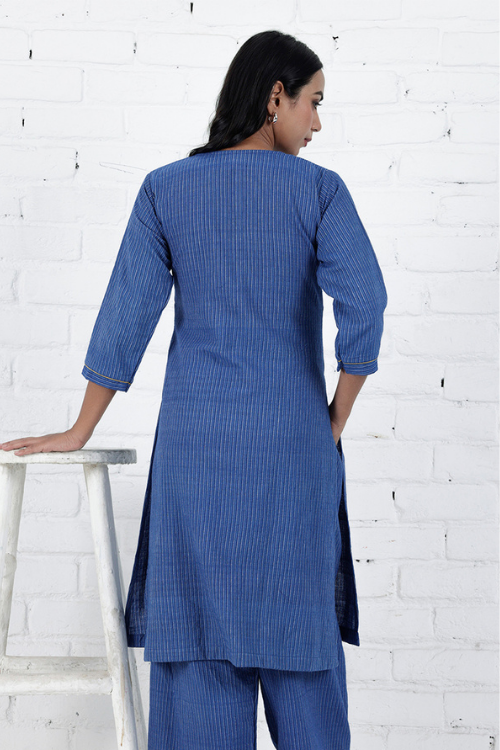 Bebaak Neera Blue Hand Embroidered & Handwoven Kurta Set