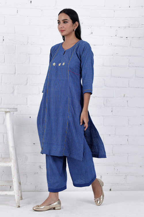 Bebaak Neera Blue Hand Embroidered & Handwoven Kurta Set