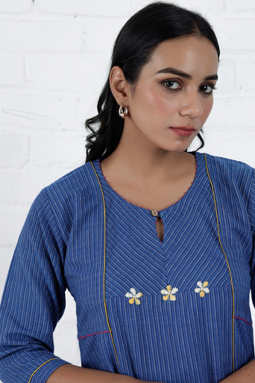 Bebaak Neera Blue Hand Embroidered & Handwoven Kurta Set