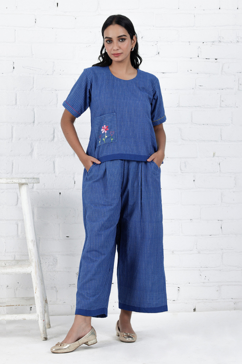 Bebaak Neera Blue Hand Embroidered & Handwoven Co-Ord