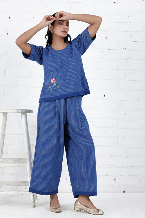 Bebaak Neera Blue Hand Embroidered & Handwoven Co-Ord