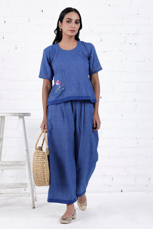 Bebaak Neera Blue Hand Embroidered & Handwoven Co-Ord