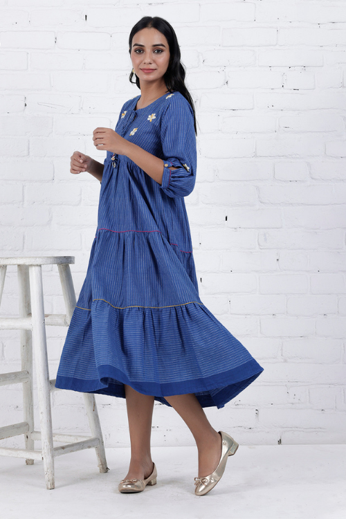 Bebaak Neera Blue Hand Embroidered & Handwoven Tier Dress