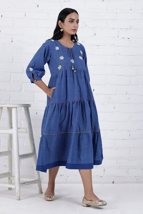 Bebaak Neera Blue Hand Embroidered & Handwoven Tier Dress