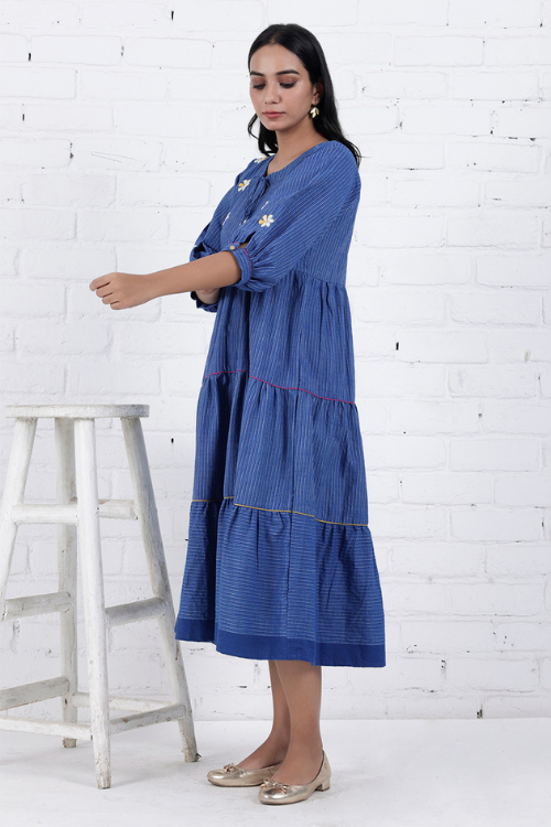 Bebaak Neera Blue Hand Embroidered & Handwoven Tier Dress