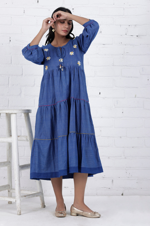 Bebaak Neera Blue Hand Embroidered & Handwoven Tier Dress