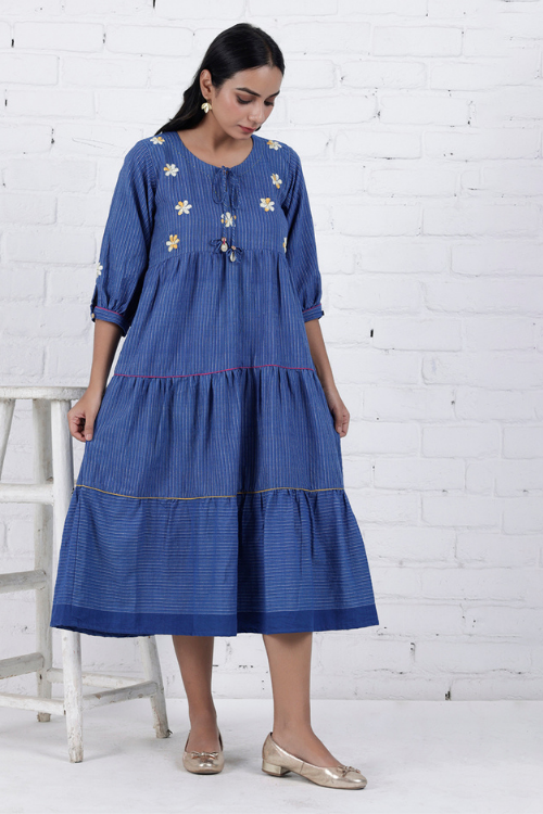 Bebaak Neera Blue Hand Embroidered & Handwoven Tier Dress