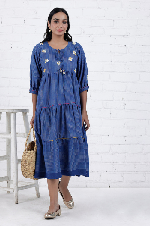 Bebaak Neera Blue Hand Embroidered & Handwoven Tier Dress