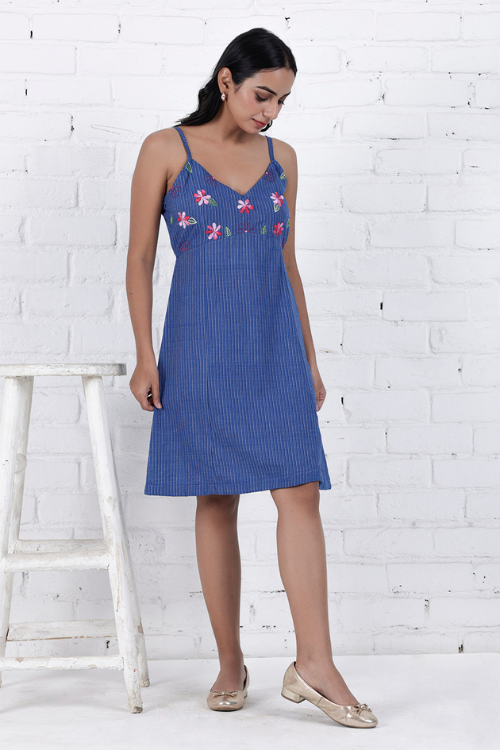 Bebaak Neera Blue Hand-Embroidered & Handwoven A Line Dress