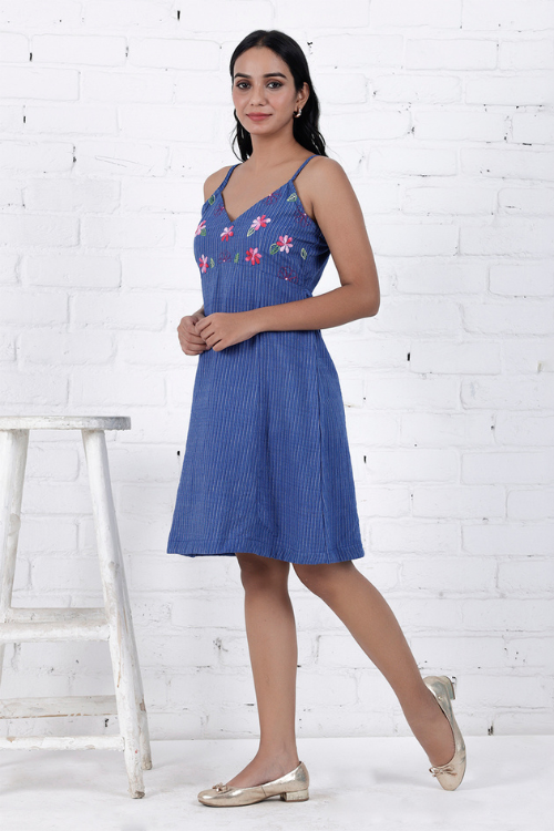 Bebaak Neera Blue Hand-Embroidered & Handwoven A Line Dress