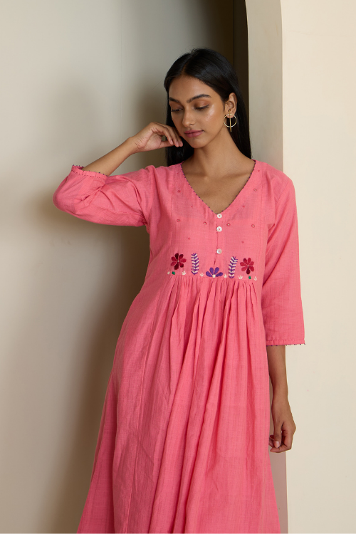 Bebaak Dia Floral Handwoven & Hand Embroidered Gather Dress
