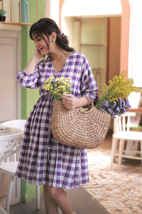 purple gingham midi dress Purple Gingham Spaghetti Strap Swing Dress - Medium
