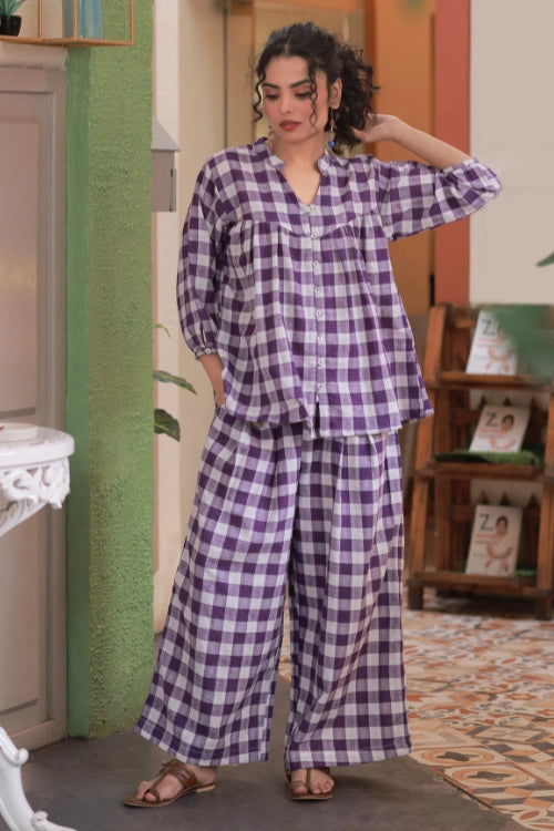 Bebaak Violet Gingham Handwoven Shirt Co-ord
