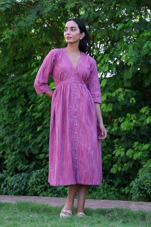 Bebaak Mauve Handwoven Cotton Midi Dress
