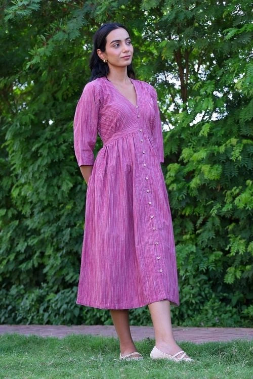 Bebaak Mauve Handwoven Cotton Midi Dress