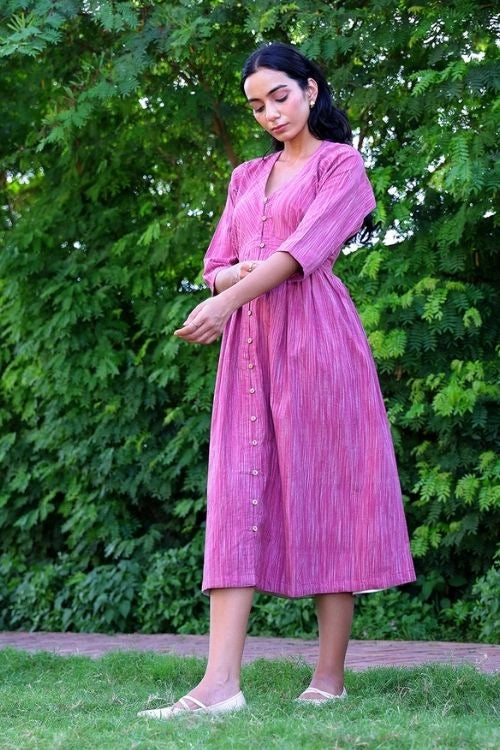 Bebaak Mauve Handwoven Cotton Midi Dress