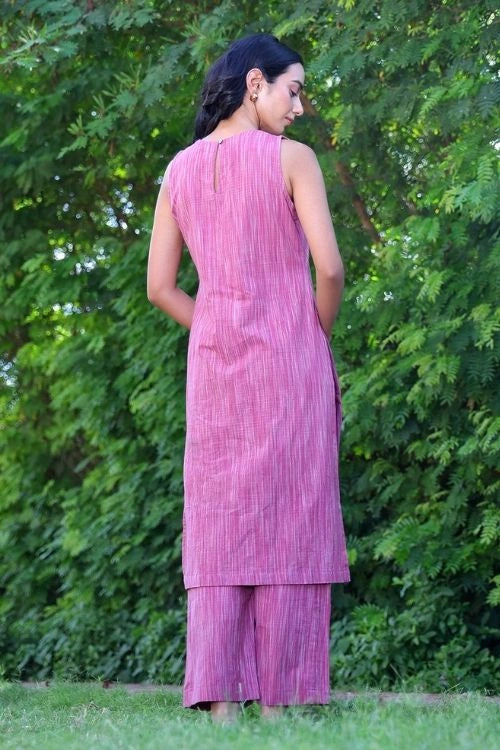 Bebaak Mauve Handwoven Cotton Sleevless Mirror Kurta Se: 2 Pc Set