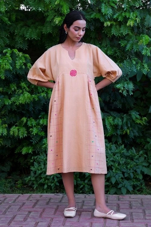 Bebaak Beige Handwoven Cotton Anti-Fit Dress