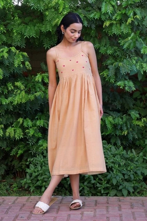 Bebaak Beige Handwoven Cotton Heart  Dress