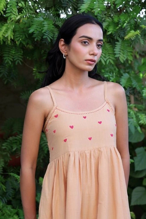 Bebaak Beige Handwoven Cotton Heart  Dress