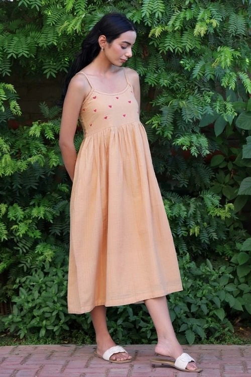 Bebaak Beige Handwoven Cotton Heart  Dress