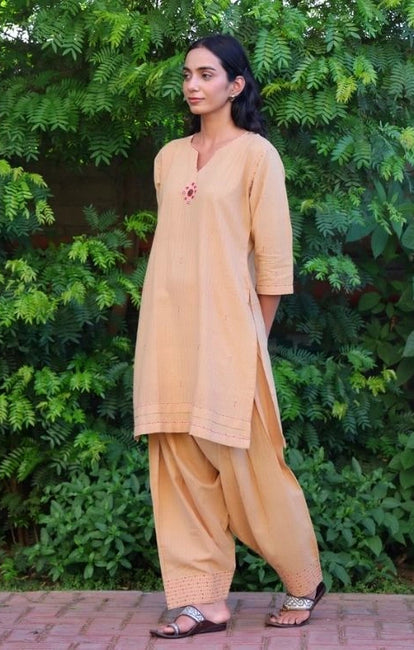 Bebaak Beige Handwoven Cotton Salwar Set: 2 Pc Set