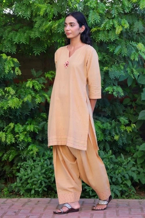 Bebaak Beige Handwoven Cotton Salwar Set: 2 Pc Set