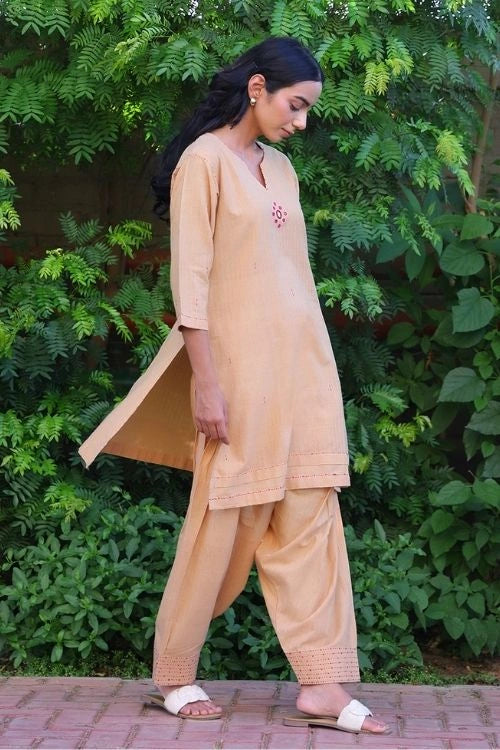 Bebaak Beige Handwoven Cotton Salwar Set: 2 Pc Set