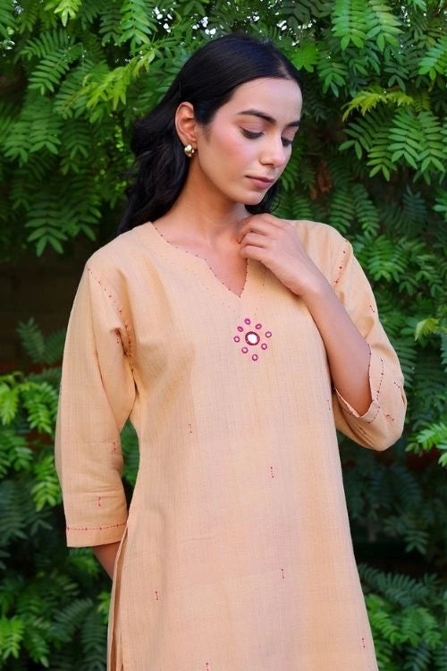 Bebaak Beige Handwoven Cotton Salwar Set: 2 Pc Set