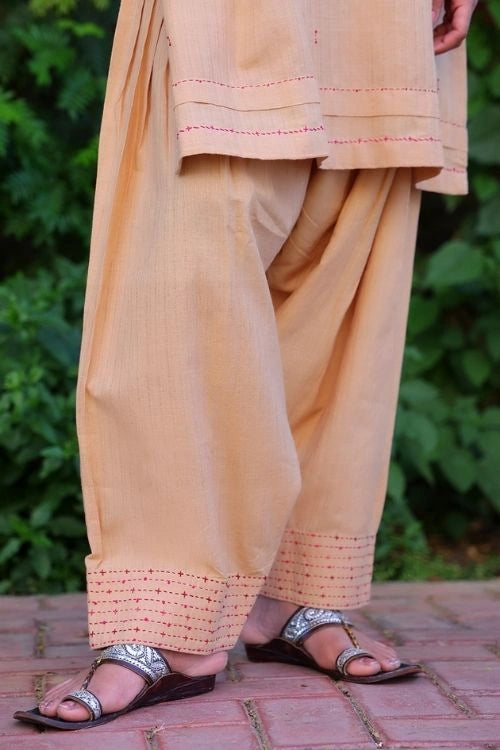 Bebaak Beige Handwoven Cotton Salwar Set: 2 Pc Set