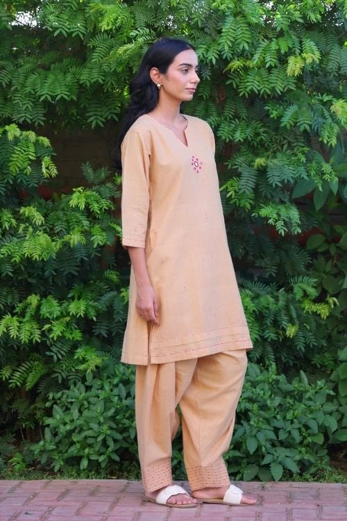 Bebaak Beige Handwoven Cotton Salwar Set: 2 Pc Set