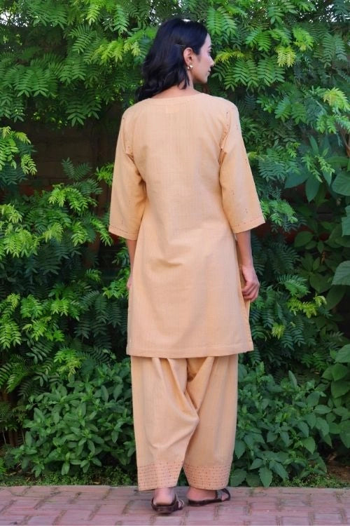 Bebaak Beige Handwoven Cotton Salwar Set: 2 Pc Set