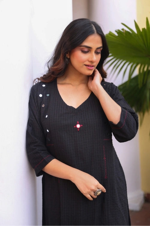 Bebaak Gauri Handwoven Cotton Mirror Black Kurta Set