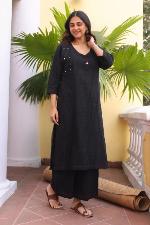 Bebaak Gauri Handwoven Cotton Mirror Black Kurta Set