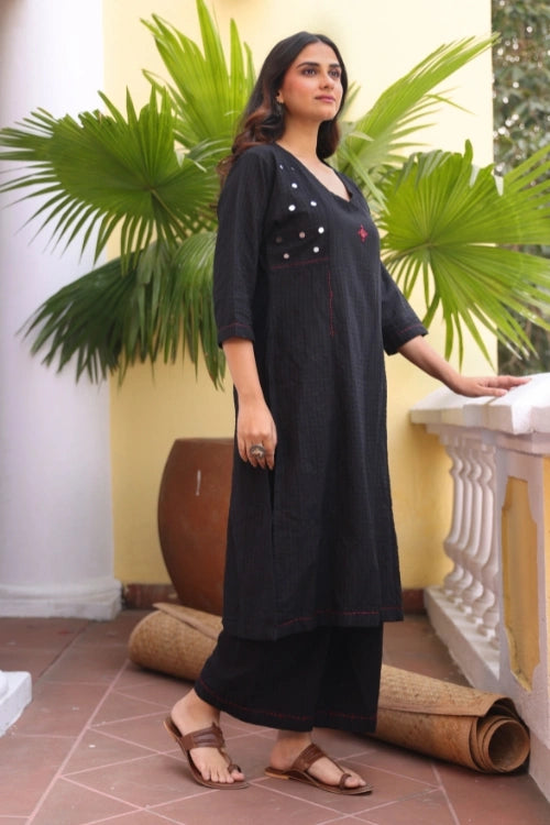 Bebaak Gauri Handwoven Cotton Mirror Black Kurta Set