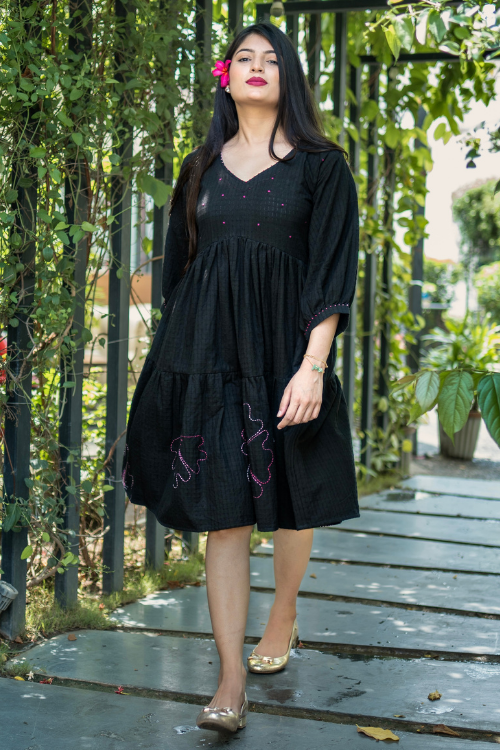 Bebaak Hand Embroidered & Handwoven  Black Tier Dress