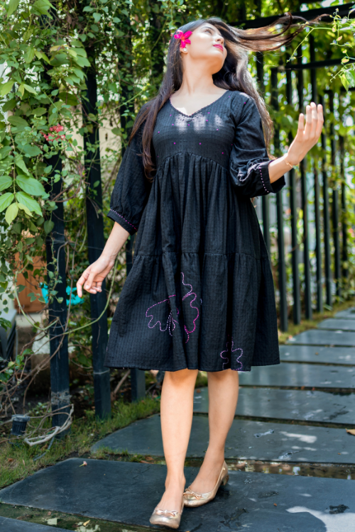 Bebaak Hand Embroidered & Handwoven  Black Tier Dress