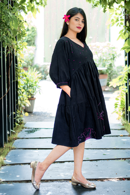 Bebaak Hand Embroidered & Handwoven  Black Tier Dress