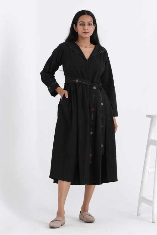 Bebaak Sarah Hand Embroidered & Handwoven Black Midi Dress