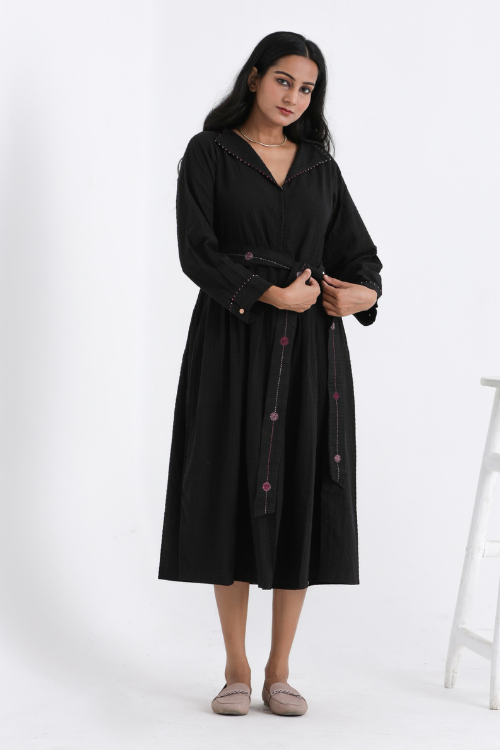 Bebaak Sarah Hand Embroidered & Handwoven Black Midi Dress