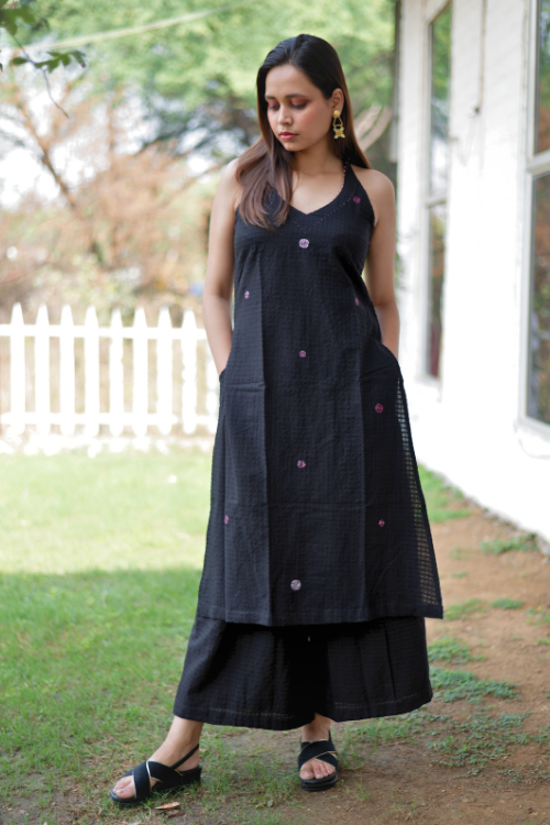 Bebaak Surmayee  Hand Embroidered & Handwoven Halter Black Kurta Set