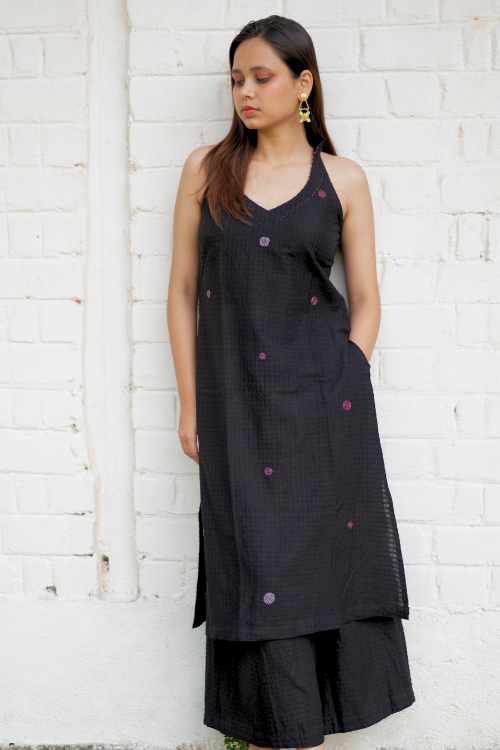 Bebaak Surmayee  Hand Embroidered & Handwoven Halter Black Kurta Set