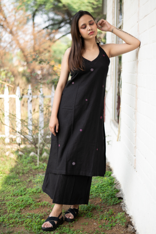 Bebaak Surmayee  Hand Embroidered & Handwoven Halter Black Kurta Set