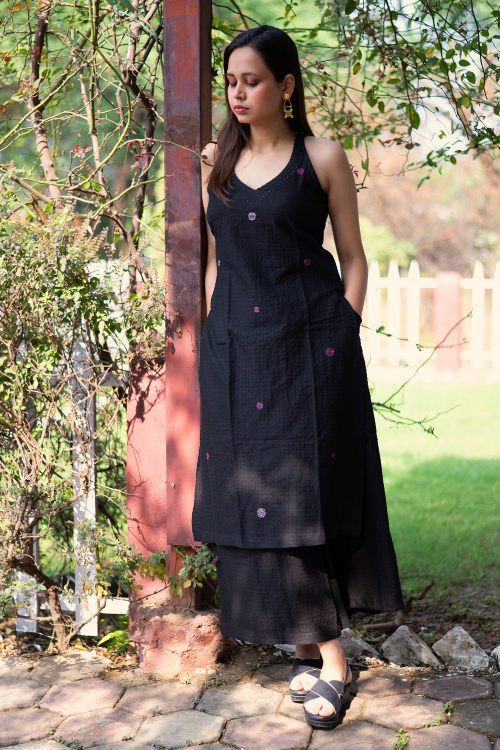 Bebaak Surmayee  Hand Embroidered & Handwoven Halter Black Kurta Set