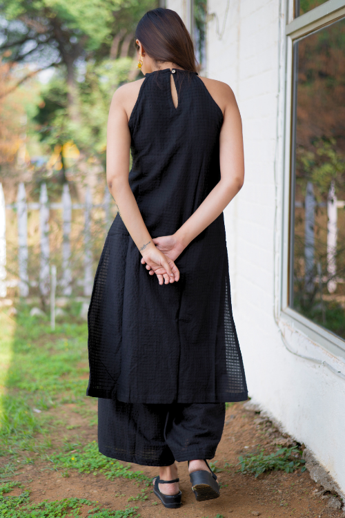 Bebaak Surmayee  Hand Embroidered & Handwoven Halter Black Kurta Set